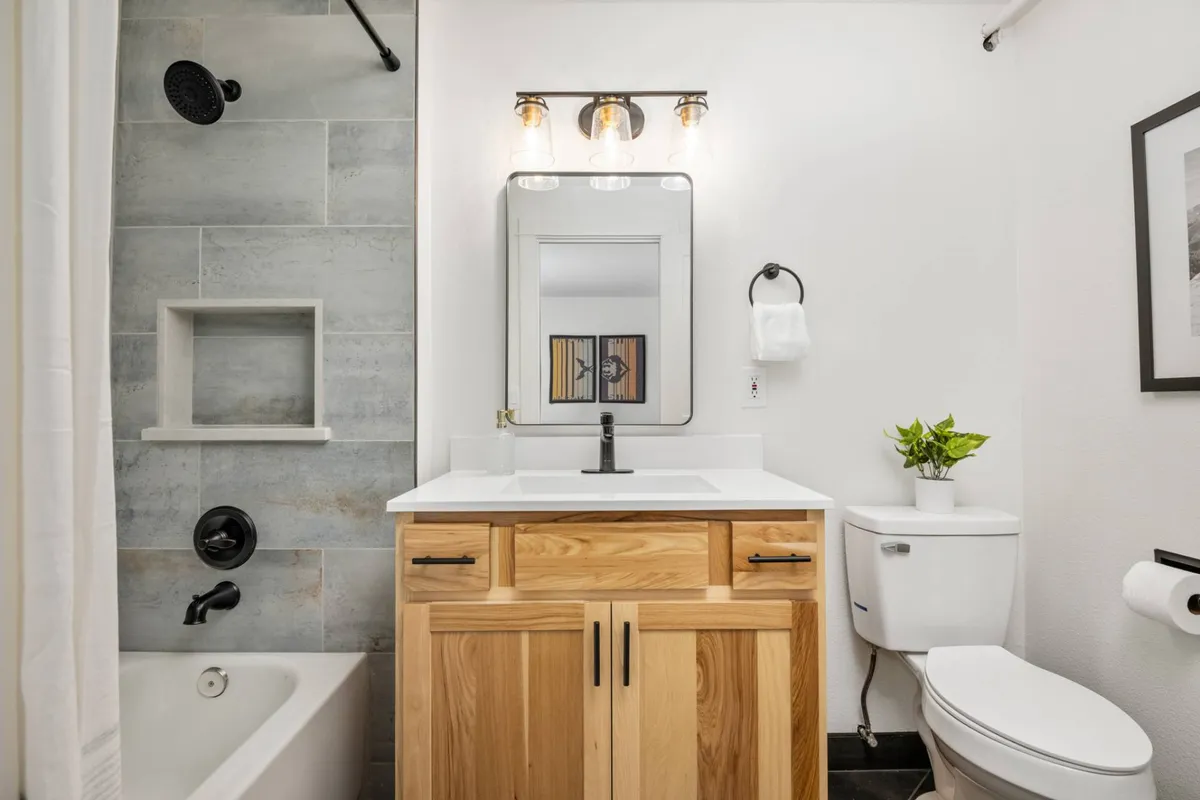 A fresh and inviting en-suite bathroom featuring a vanity with a sink and mirror, a spacious shower area, toilet, and plant decoration accentuating the space. The room is bright and contemporary, suggesting comfort and relaxation after a long day.